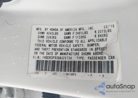 2016 Honda Accord Touring z USA, uszkodzony, nr VIN 1HGCR3F90GA020734